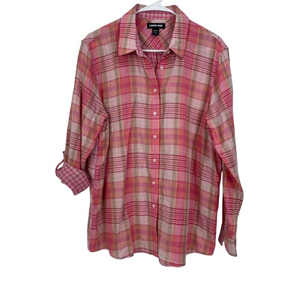Lands End Womens Pink Plaid Button-Down Shirt Size XL 100% Cotton Woven knit - Picture 11 of 13